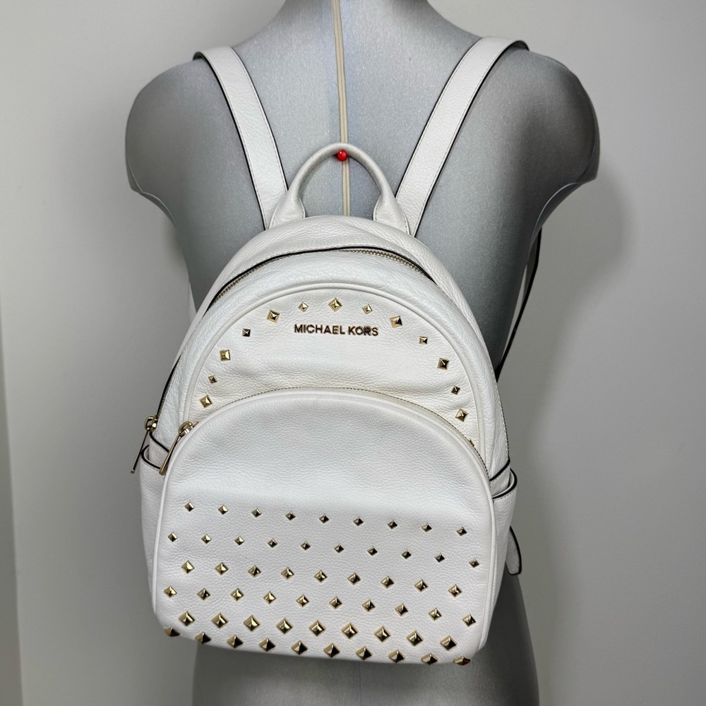 Michael Kors Abbey Medium Studded Pebbled Leather Backpack in White